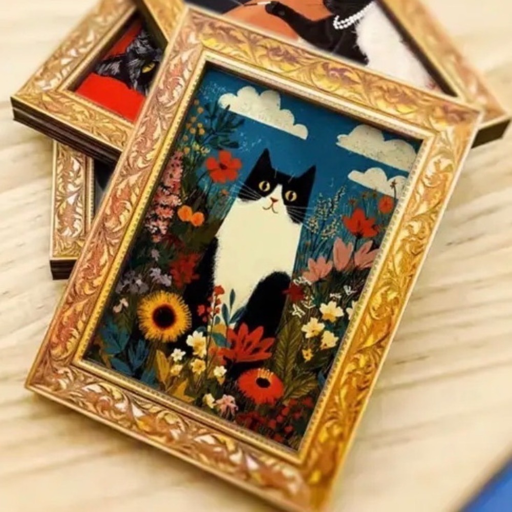 Tuxedo Cat Floral Framed Miniature Magnet‎ New Cute!